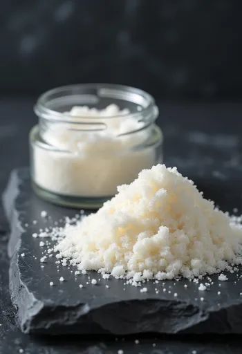 Agar-agar duft í lítilli skál, við hliðina er sleif, ljós bakgrunnur