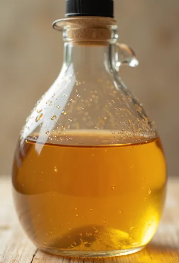 Eplaedik í glerskál, umkringt ferskum eplum, eplaskífum, hýði og ediksmóður í flösku