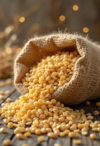 Hreinsað bygg í litlum poka og dreift á viðarborð