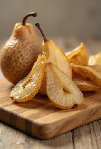 Þurrkaðar perusneiðar í skál, með ferskum perum, valhnetum og kanil