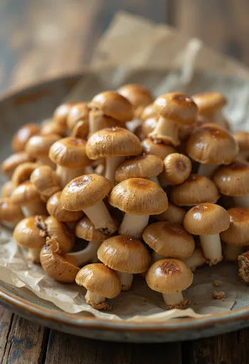 Hreinsaðir og skornir brúnir shimeji-sveppir á eldhúsbretti