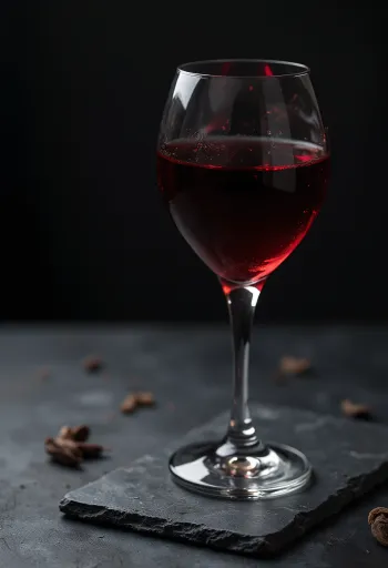 Vín í glerglasi, umkringt vínþrúgum, þrúgusafa og trétunnu