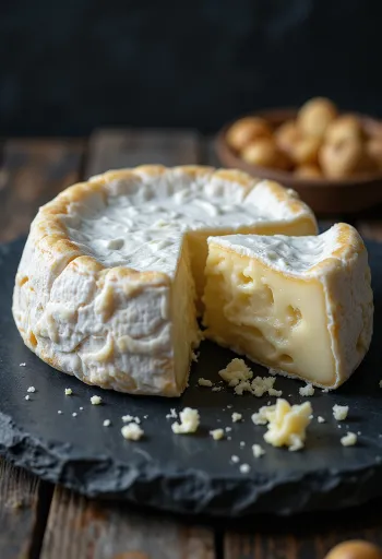 Ferskur Brie ostur í hvítri keramíksskál á viðarborði