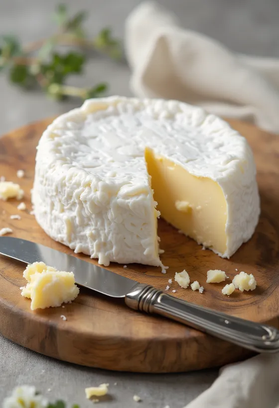 Sneiddur brie ostur á viðarbretti, með rjómakenndum kjarna
