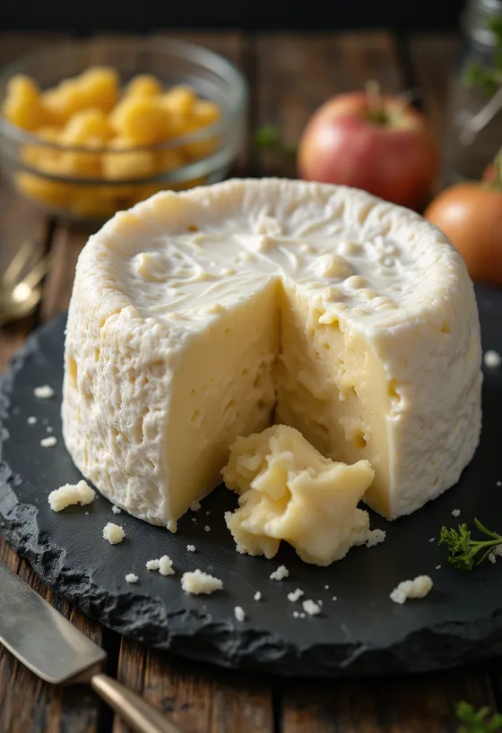 Skorinn Camembert ostur á viðarbretti með rjómakenndum kjarna
