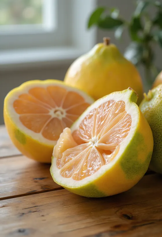 Heill og skorinn Pomelo ávöxtur á sveitlegu viðarborði