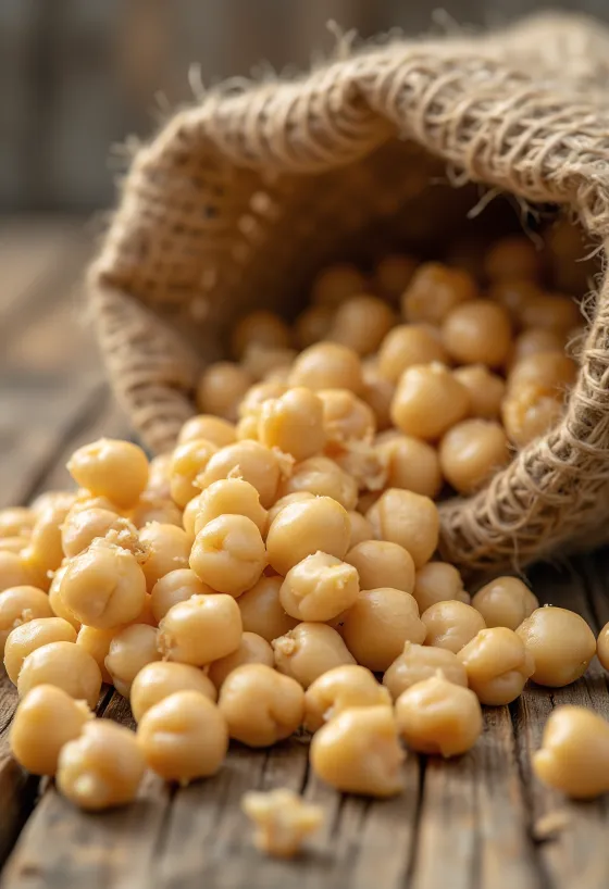 Ljósmynd af kjúklingabaunum á sveitlegu borði í skál og á dreif