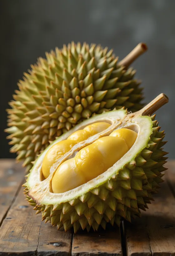 Heill og skorinn durian ávöxtur með gaddóttu hýði og rjómakenndu kjöti