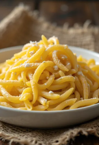 Durum-pasta í sveitalegri keramíkskál á viðarborði