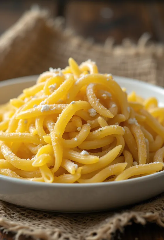 Durum-pasta í sveitalegri keramíkskál á viðarborði