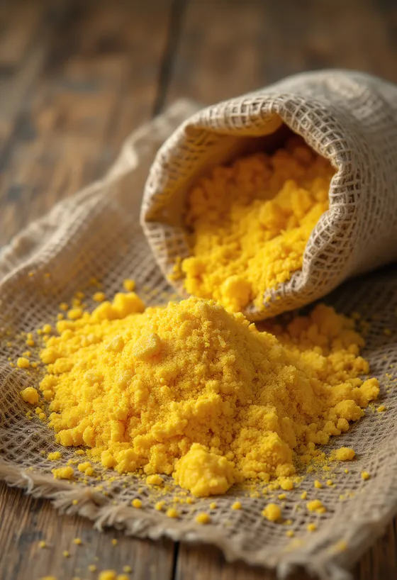 Gróft, gyllt maísmjöl (polenta) í tréskál og dreift á borð
