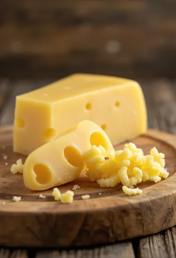 Ferskur Emmental ostur í hvítri keramíksskál á viðarborði