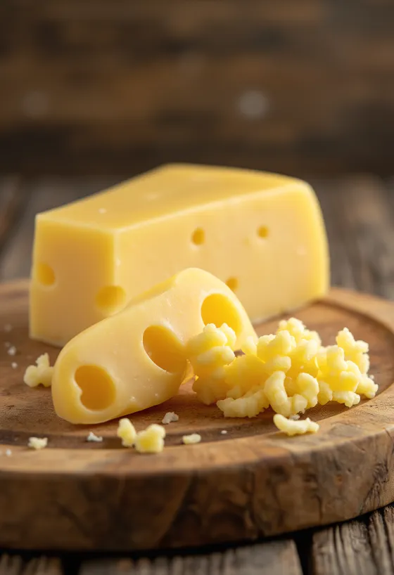 Ferskur Emmental ostur í hvítri keramíksskál á viðarborði