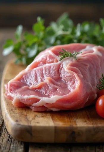 Hrátt fasanakjöt, flakað, með kryddi á tréskurðarbretti