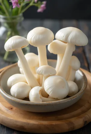 Hvítir shimeji-sveppir skornir og hreinsaðir á skurðarbretti