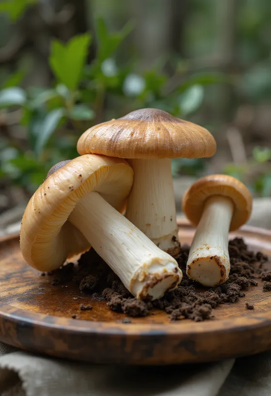 Sneiddir Matsutake-sveppir, hreinsaðir og á tréskurðarbretti