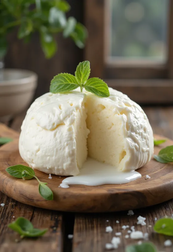 Ferskur mozzarella úr kúamjólk í hvítri keramík skál á tréborði
