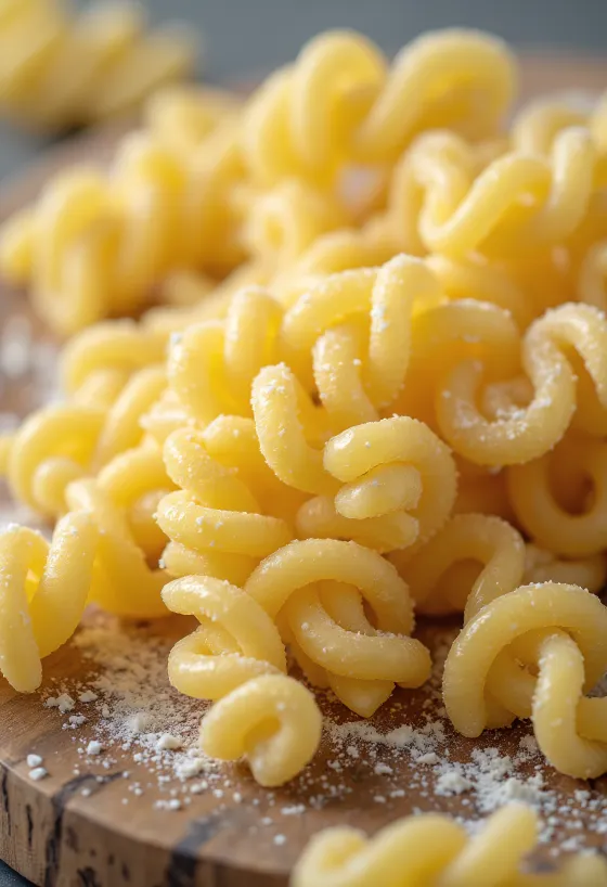 Þurrt fusilli pasta í spíralformi á viðarborði