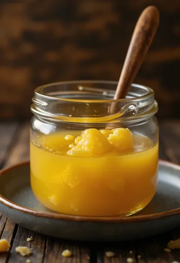 Ghee, þ.e. hreinsað smjör í glerkrukku, með sleif á rustísku borði