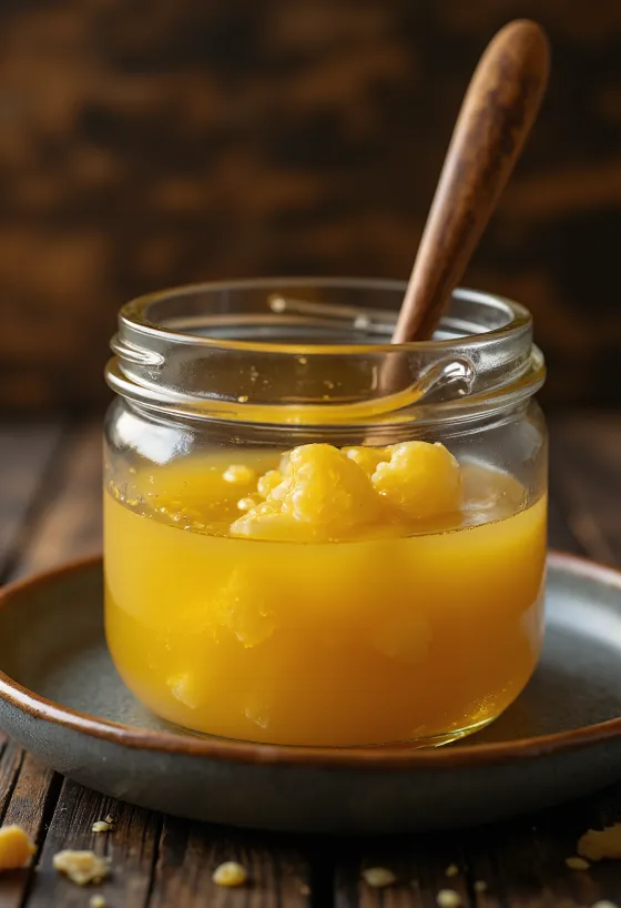 Ghee, þ.e. hreinsað smjör í glerkrukku, með sleif á rustísku borði