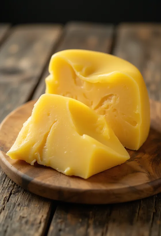 Ferskur Gouda ostur í hvítri keramíksskál á viðarborði