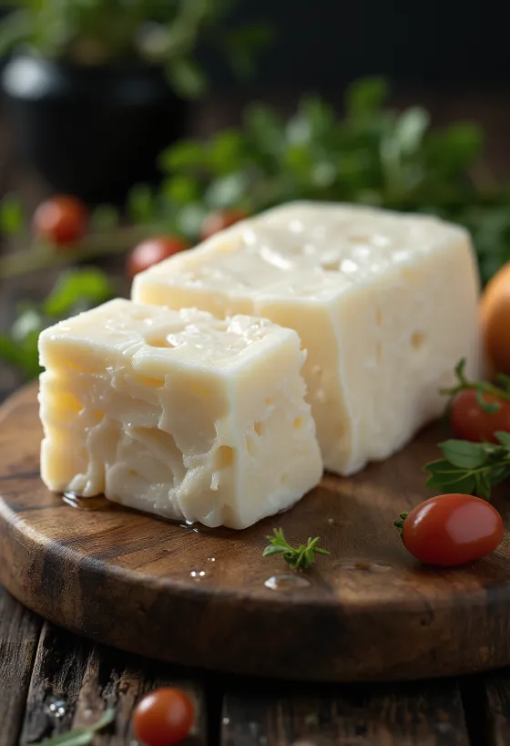 Ferskur Halloumi-ostur í hvítri leirskál á tréskurðarbretti