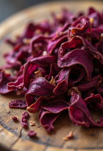 Þurrkuð hibiskusblóm í skál, með tréskeið, dreift á borð