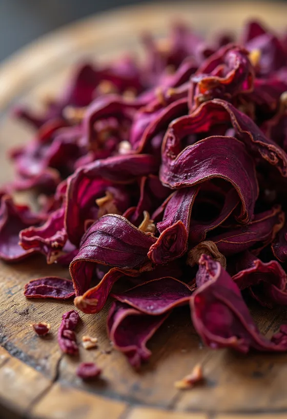 Þurrkuð hibiskusblóm í skál, með tréskeið, dreift á borð