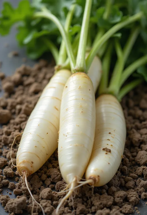 Löng, hvít daikon-hreðka fersk með grænum blöðum og sneidd á skurðarbretti