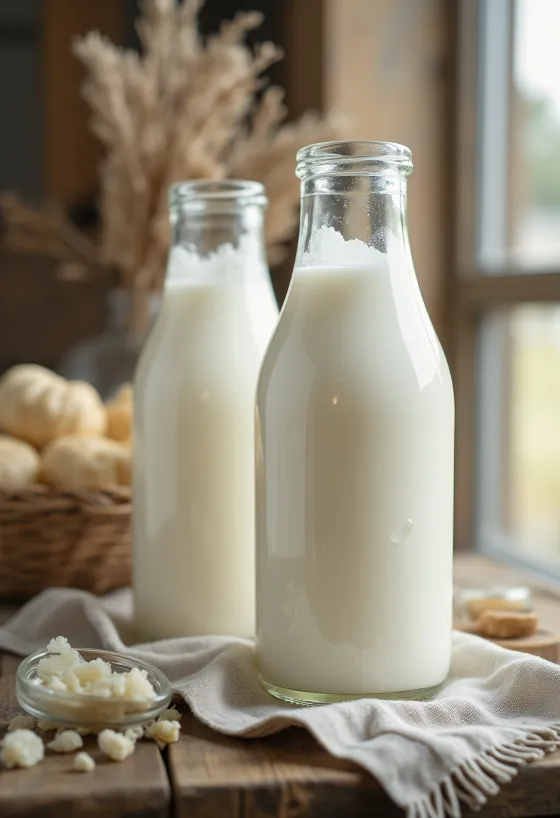 Fersk sauðamjólk í glasi og könnu á ljósum eldhúsfleti, í náttúrulegu formi