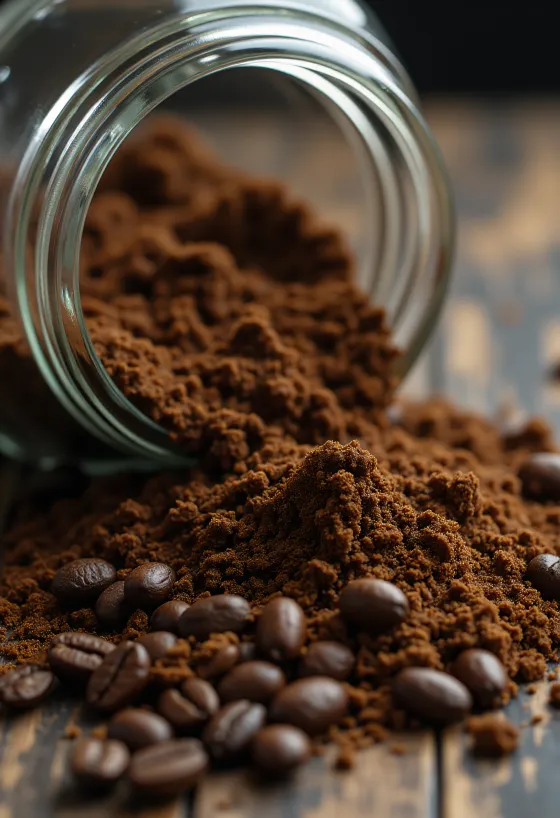 Malað kaffi og ristaðar kaffibaunir með sleif í rústík bakgrunni
