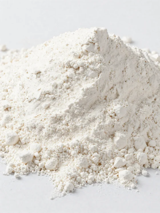 Kókosmjöl í leirskál, ljóst og fíngert duft á viðarfleti