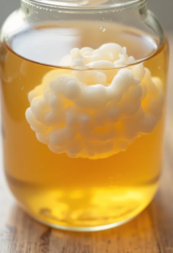Kombucha grunnur: SCOBY, svart te, sykur og gerjunarkrukka á viðarfleti