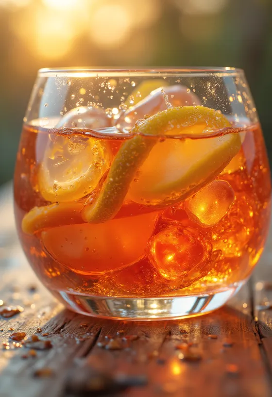 Líkjörsflaska og glas, umkringd kryddi og náttúrulegum bragðgjöfum