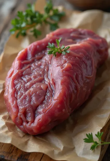Sneidd hrá nautalifur á trébretti, dökkrauðir bitar