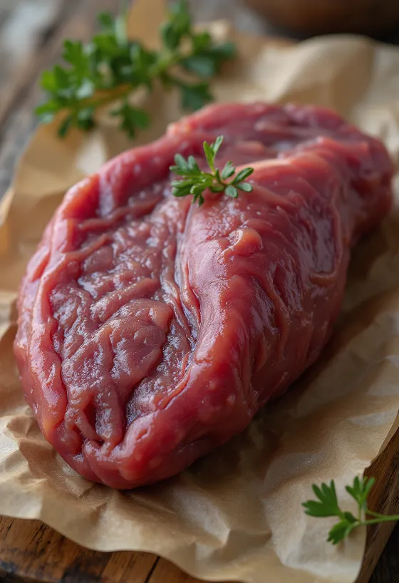 Sneidd hrá nautalifur á trébretti, dökkrauðir bitar