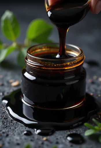 Dökkur og þykkur melassi í skál, síróp lekur af sleif