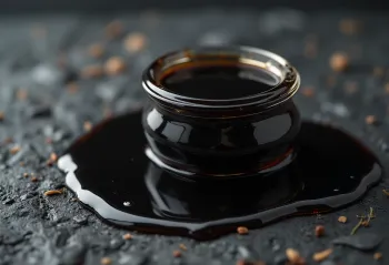 Dökkur og þykkur melassi í skál, síróp lekur af sleif