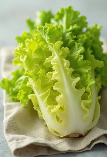 Ferskt frisée salat (sikóría), með hrokknum grænum laufum á skurðarbretti