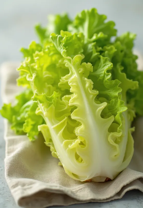 Ferskt frisée salat (sikóría), með hrokknum grænum laufum á skurðarbretti