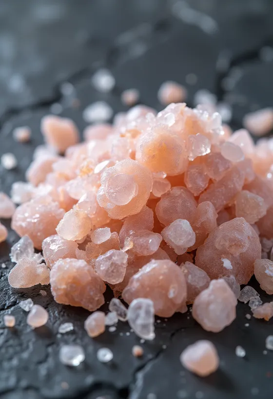 Himalayasalt kristallar í krukku, umkringdir saltsteinum