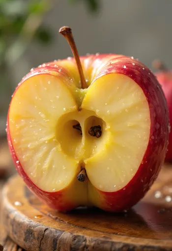 Fersk Honeycrisp epli og sneiðar á skurðarbretti