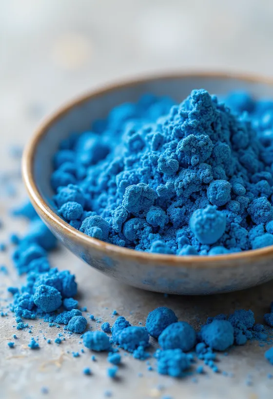 Blátt spirulina-duft í lítilli krukku, skærblár litur, með spirulina þörungum í kring