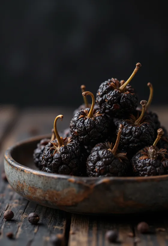 Kubebapipar (Piper cubeba) ber á viðarbretti.