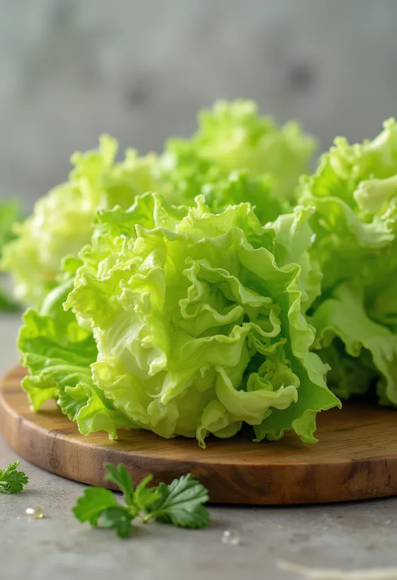 Ferskt Lollo Bionda salat, með ljósgrænum blöðum á skurðarbretti