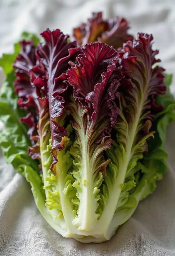 Ferskt Lollo Rosso salat, með rauðum og grænum smáblöðum á skurðarbretti