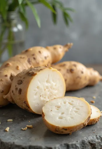 Sneiddar maníok (cassava) rætur á skurðarbretti, umkringdar fersku grænmeti