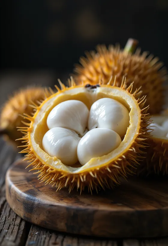 Marang ávöxtur skorinn í geira á skurðarbretti.