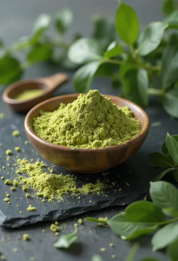 Moringa duft í lítilli krukku, skærgrænt að lit, með ferskum moringa laufum