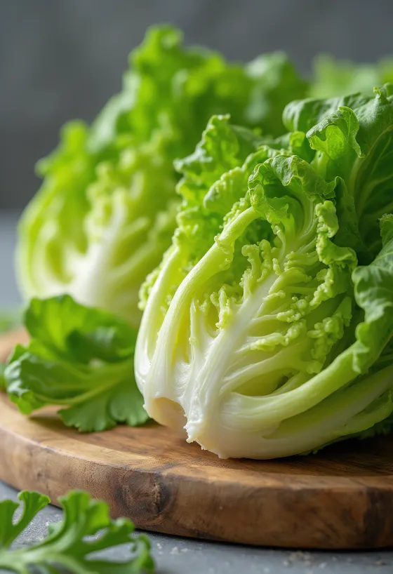 Ferskt romaine-salat, löng, stökk græn blöð á skurðarbretti